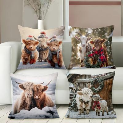 Cute Highland Cows and Goats Winter Pattern Cushion Covers Polyester Pillowcase, Sofa Decorative Cushion Cov Headboard Pillow