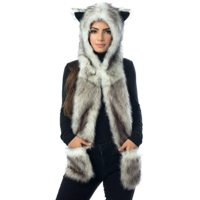 Fellimitat Mütze mit Schal und Handschuhen Set - Niedliches Plüschtier-Motiv Winter Warme Kopfbedeckung Damen Teens