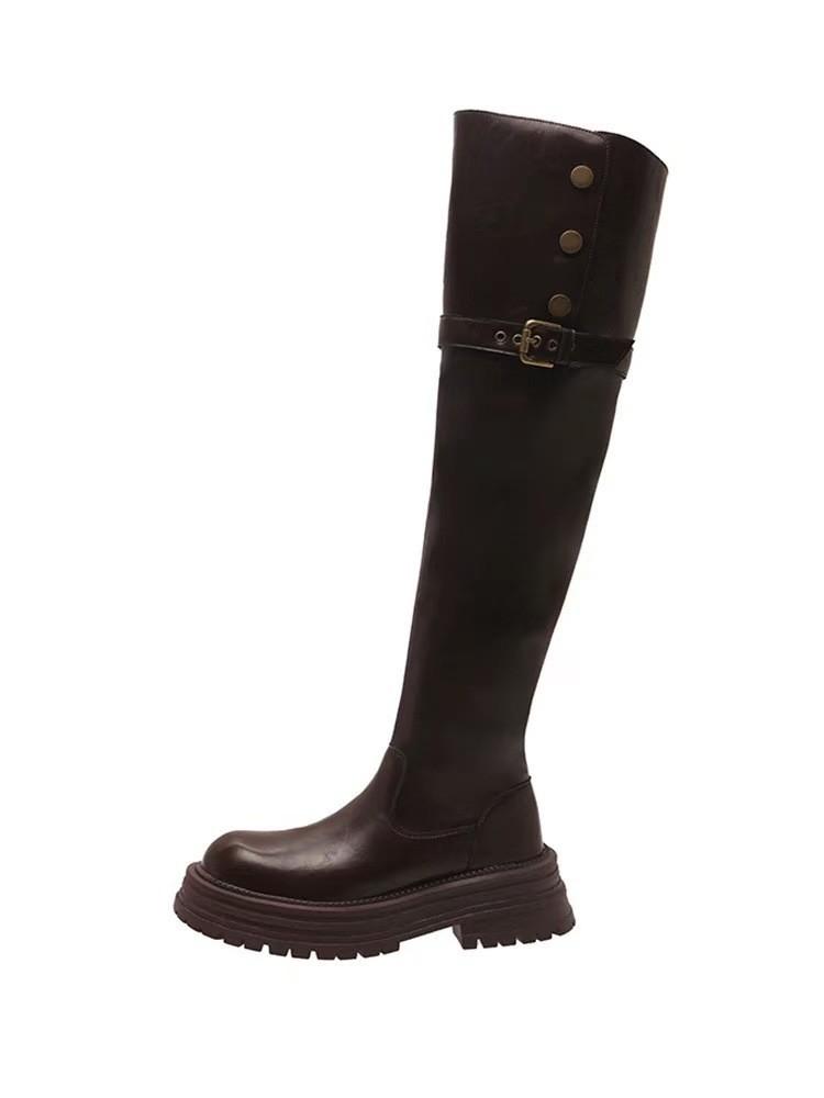 Spot version~ Leather thick-soled Maillard boots women's 2025 spring and autumn retro velvet versatile tall knight boots