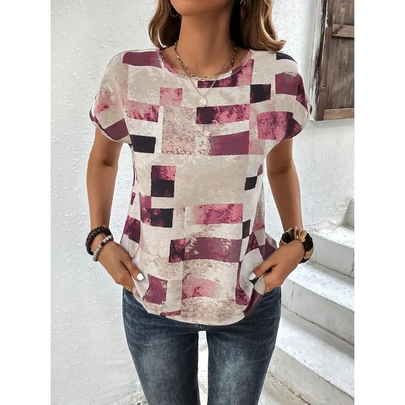 

Летняя женская футболка с клетчатым узором и коротким рукавом, модная повседневная рубашка с круглым вырезом, пуловер, забавная женская одежда больших размеров 3XL