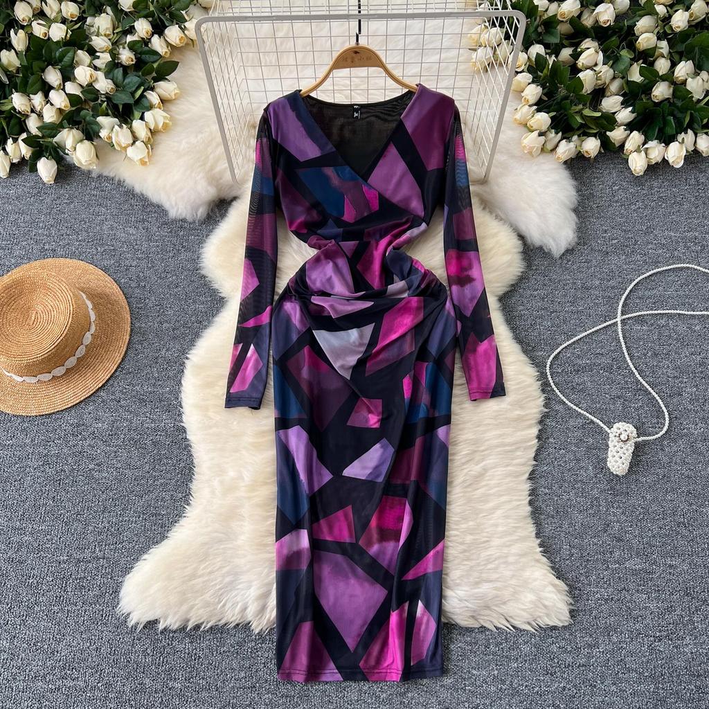 Neu Frühling Sommer Sexy Aushöhlen Mesh Langarm Kleid Frauen Elegante V-ausschnitt Floral Print Schlank Midi