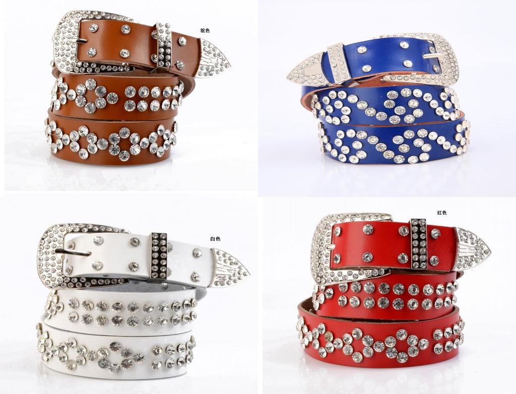 Fashionable Leather Belt For Women With Rhinestone Pattern And Adjustable Pin Closure