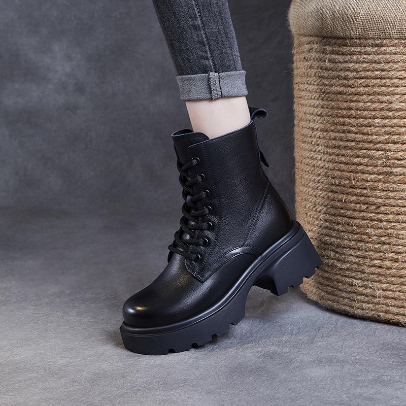 Women's British Style Genuine Leather Ankle Boots - 2024 Autumn/Winter Martin Boots with Thick Soles, First Layer Cowhide, Lightweight and Stylish.