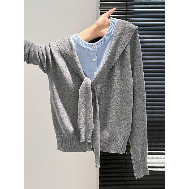 

Шаль двухслойная вязаная базовая рубашка женская весна-осень новый дизайн нишевая милая и пикантная свободная кофта с длинным рукавом L светло-серый