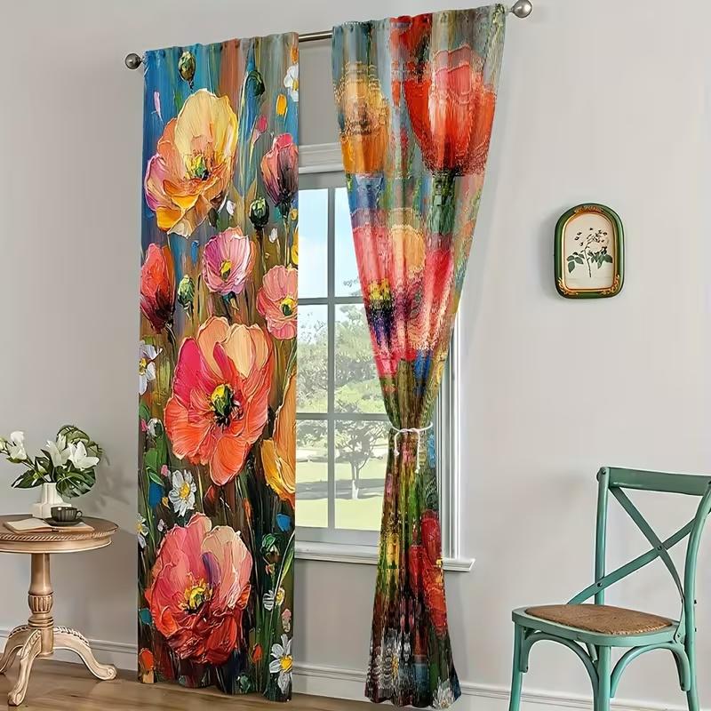 2 Pcs Oil painting flowers print curtains,suitable for bedroom,living room kitchen decoration,home decoration,window decoration