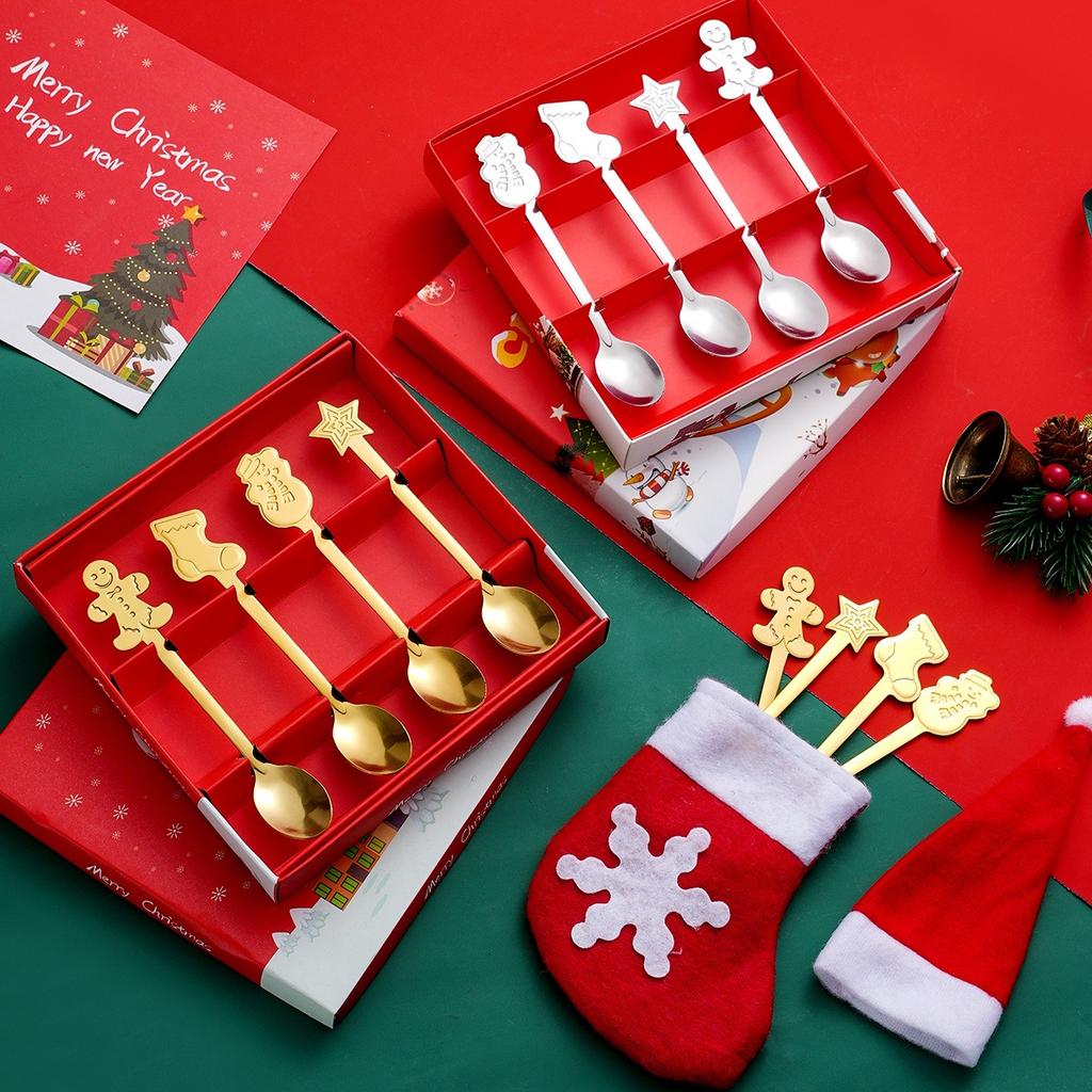 4Pcs Christmas Gift Elk Christmas Tree Dessert Spoon Cutlery Spoon Set Fruit Coffee Spoon Cutlery Wed Christmas Gift