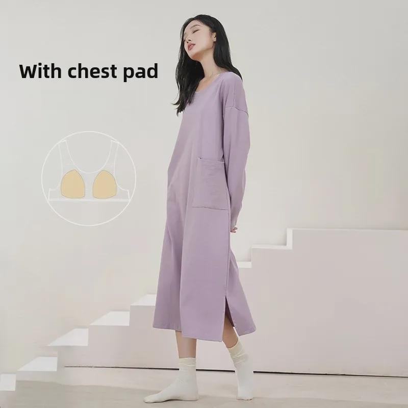 "High-End Striped Long-Sleeve Nightdress with Chest Pad for Women - Over-the-Knee, Large Size, Cotton, Spring to Summer"