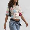 Women Crew Neck Pullover Printed Short Sleeve T Shirt Loose Fit Casual Top Patchwork Pattern Soft Comfortable Material