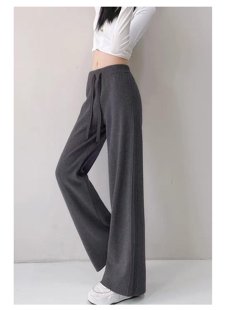 Women's Korean Style High Waist Wide-Leg Knit Pants - Autumn/Winter Fashion, Floor-Length, Straight-Leg Design