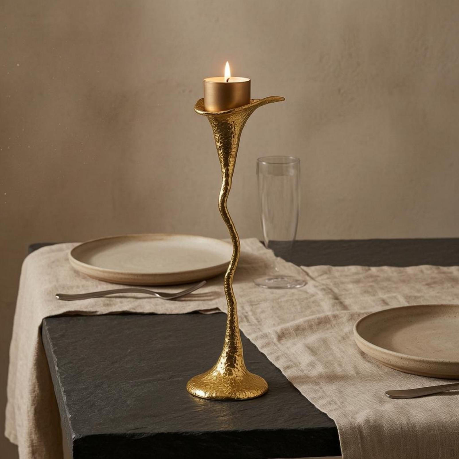 Geometric Metal Candle Holder Modern Spiraled rod Candlestick Sculptural Trumpet for