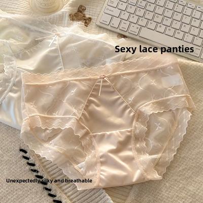 Women's Summer Light Lace Mesh No Trace Breathable Wisp Naked Feeling Ice Silk Briefs
