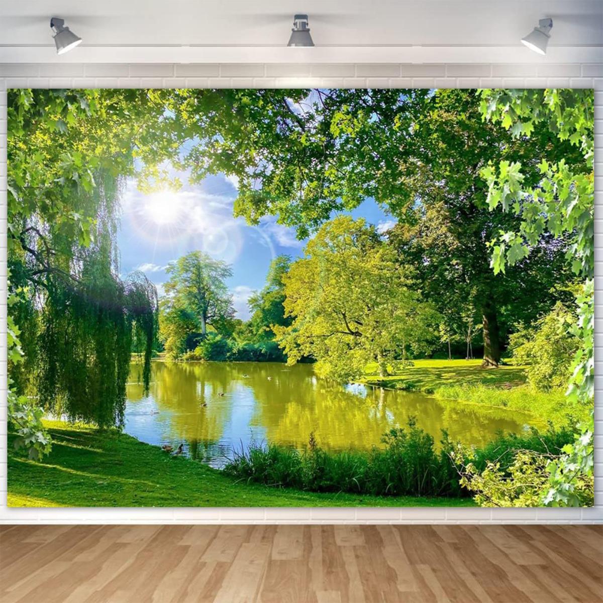 2D plane 1 piece of large lake and forest background fabric lush green trees clear lake and peaceful lake shore (as the picture,100x150cm)