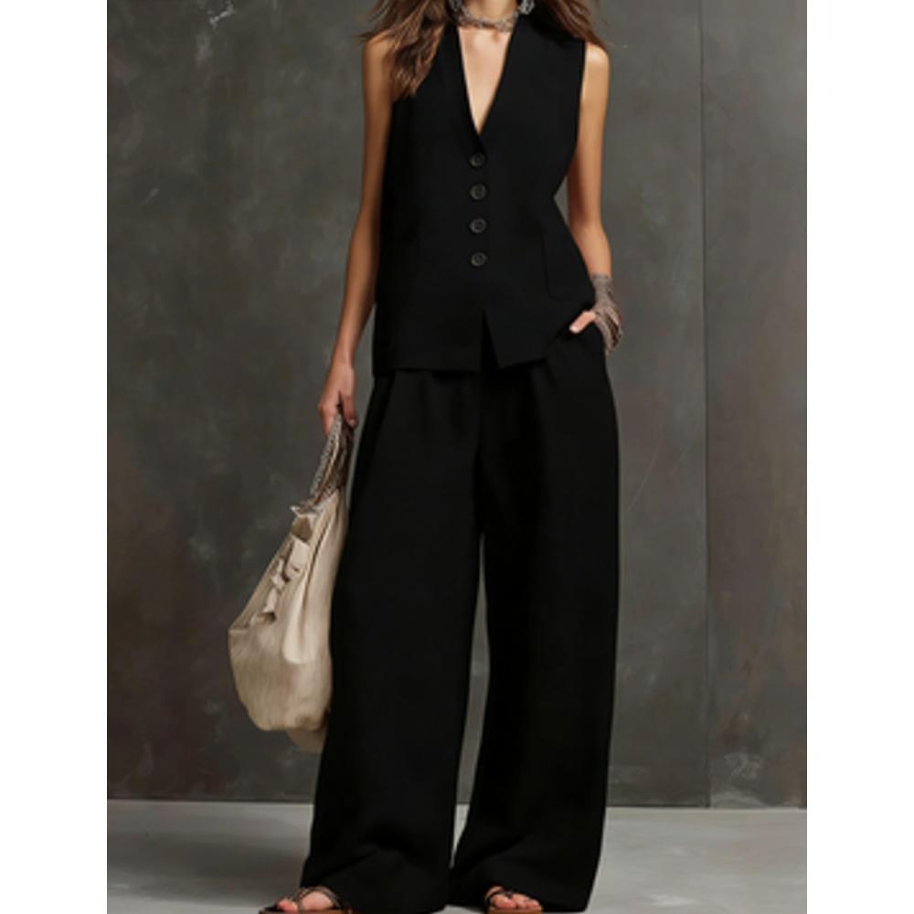 Completo da Donna in Due Pezzi con Gilet Scollo a V Senza Maniche Monopetto e Pantaloni a Gamba Larga Vita Alta Aspetto Lino