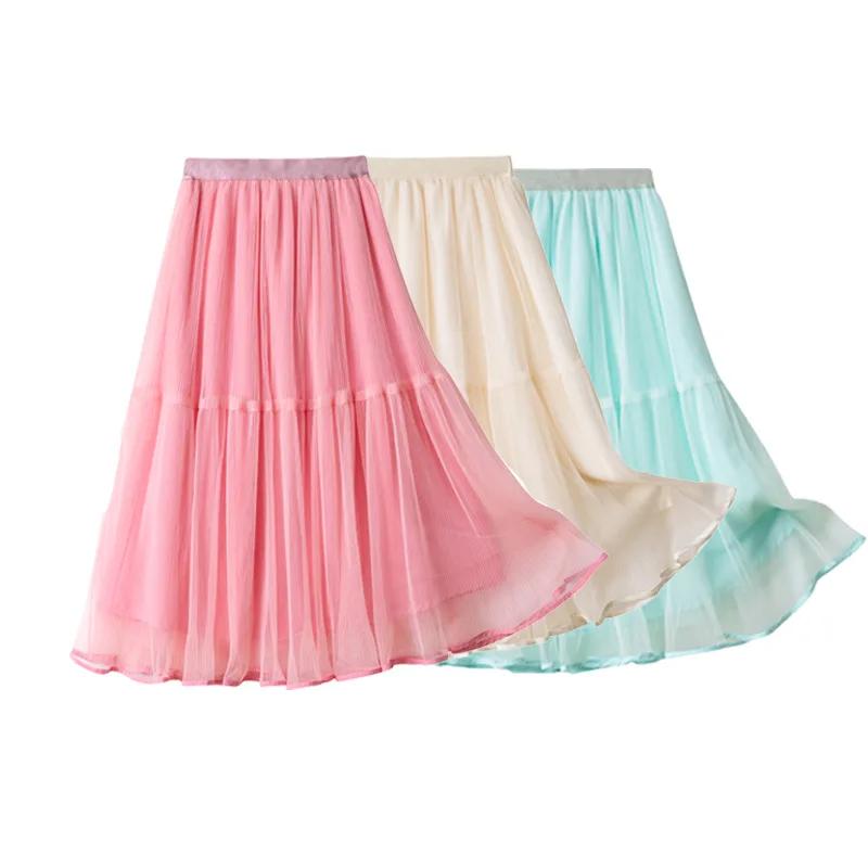 Girls Skirt Summer Mesh Fashion All-match Princess Skirt for Kids Casual Elastic Waist Teen School Children Long Skirt 4-12 Years