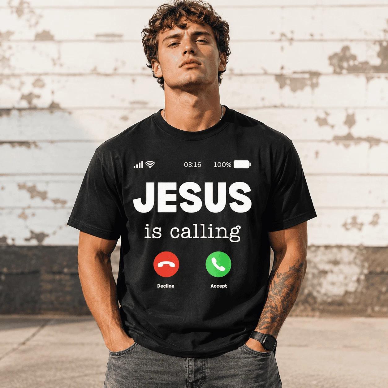 Jesus Is Calling Christian Faith Graphic Men’s T-Shirt Religious Prayer Tee XL