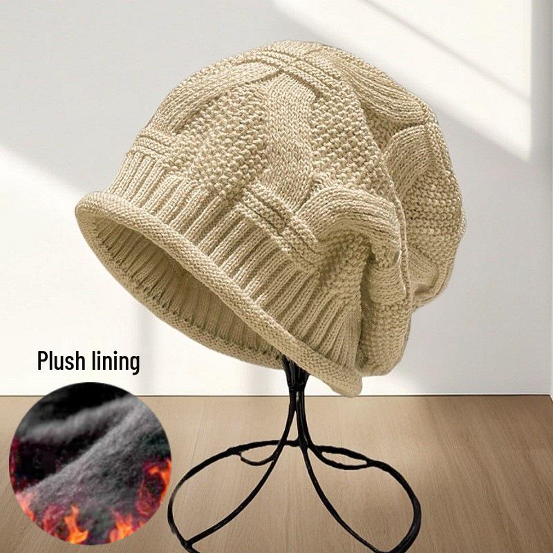 Pălărie tricotată din lână pentru femei cu circumferință mare a capului pentru toamnă/iarnă - Subțire, strat simplu cu margine răsucită