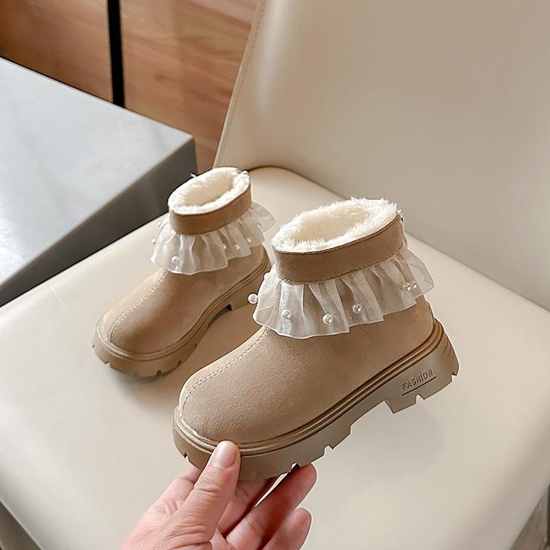 Winter Girls' Boots Sweet Versatile Children Princess Ankle Boots Chic Lace Ruffled Edge Kids Causal Cotton Boots Thick Bottom