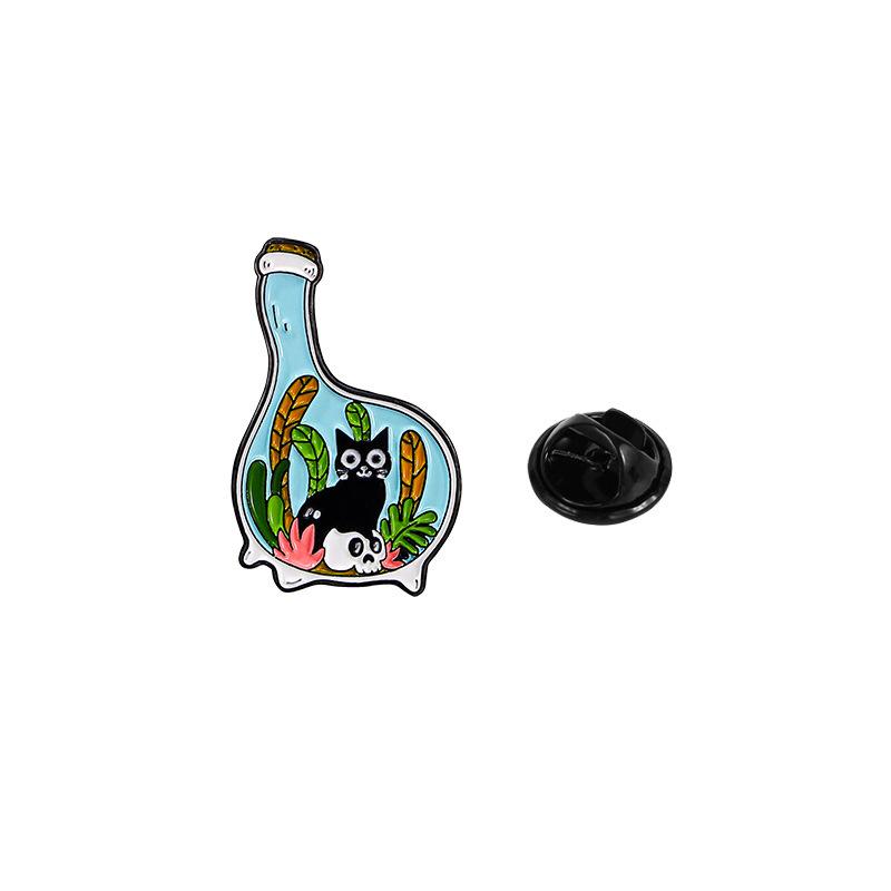Süßes schwarzes Katzen-Cartoon-Abzeichen, hochwertige Brosche, Blumen und Pflanzen in Flaschengefäß, Kätzchen-Kleidungszubehör