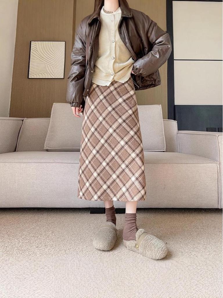 Autumn-Winter High Waist Wool Plaid A-Line Midi Skirt