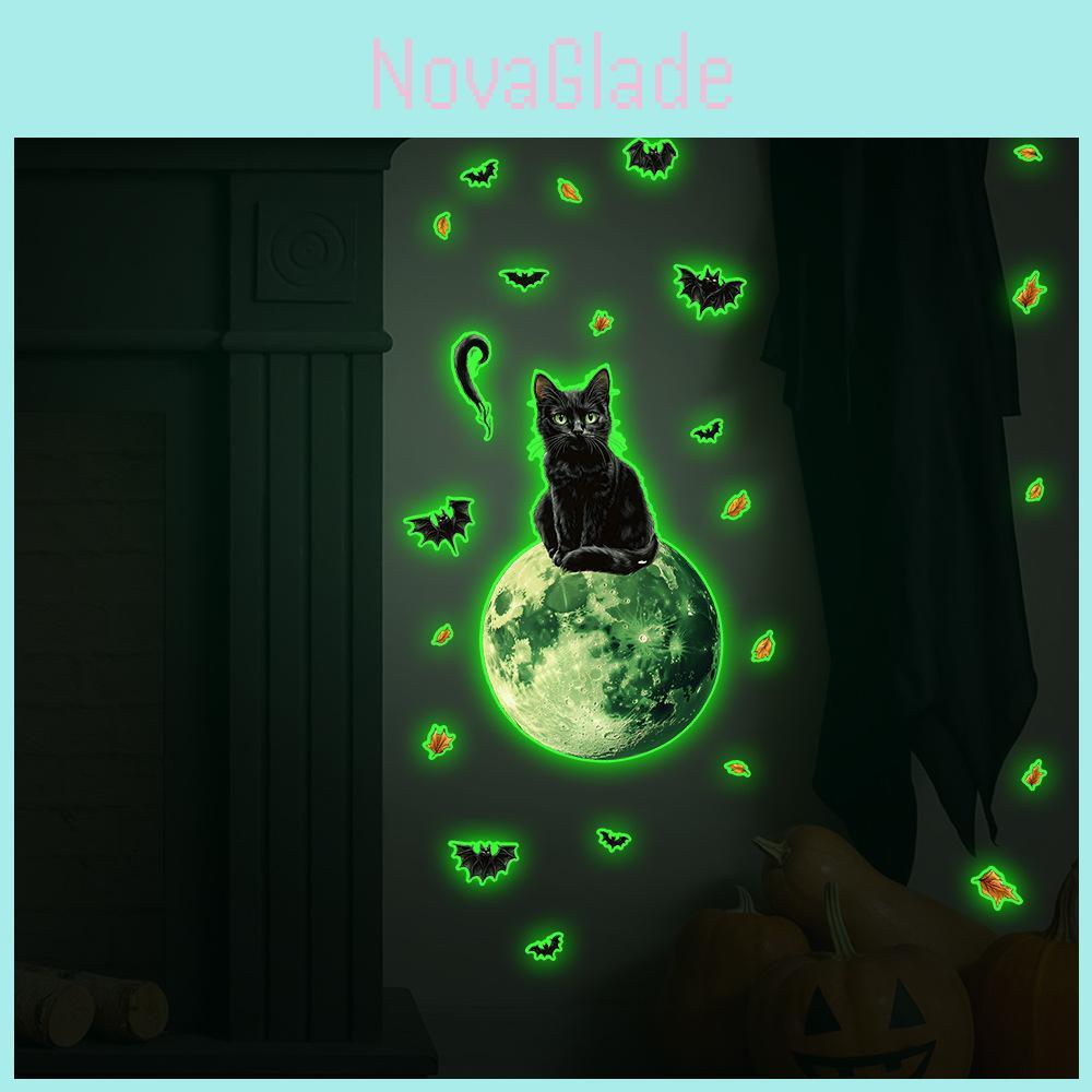 Halloween Green Light Moon Black Cat Bat Wall Decal For Living Room Decor