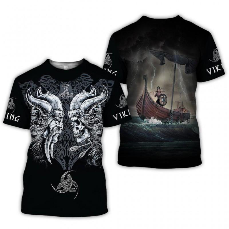 Mens Viking Print T-Shirt 3D Digital Short Sleeve Casual Loose Fit Tee