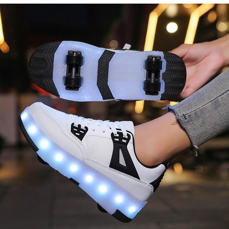 Student Skating Shoes Rotating Button Four Wheel Skate Roller Shoes Roller Skating Removable Kids Glowing Sneakers