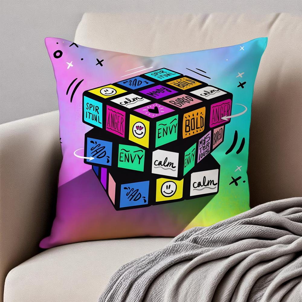 Creative Magic Cube Puzzle Design Art Cushion Cover Pillowcase Antidustmite Invisible Zipper Short Plush Sofa Cushion