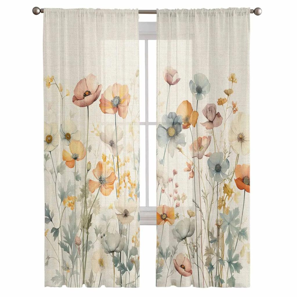 Watercolor Flowers Leaves Vintage Sheer Curtains For Living Room Kitchen Window Curtains Bedroom Tulle Voile Curtains
