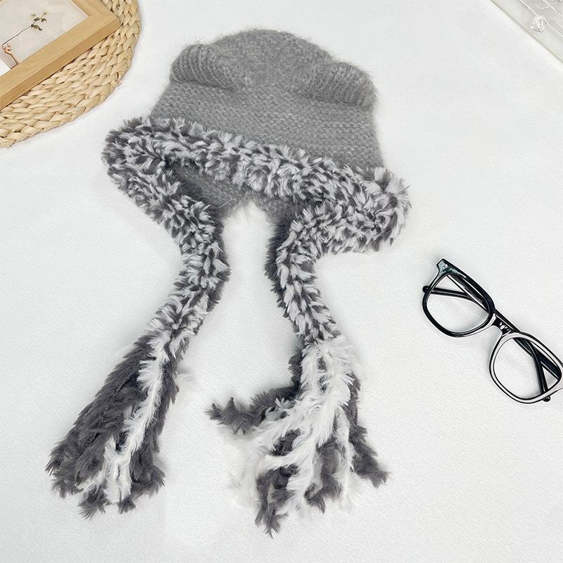 Korean Style Red Balaclava Hat for Women Autumn and Winter Large Head Circumference Woolen Hat Warm Ear Protection Strap Knitted Hat