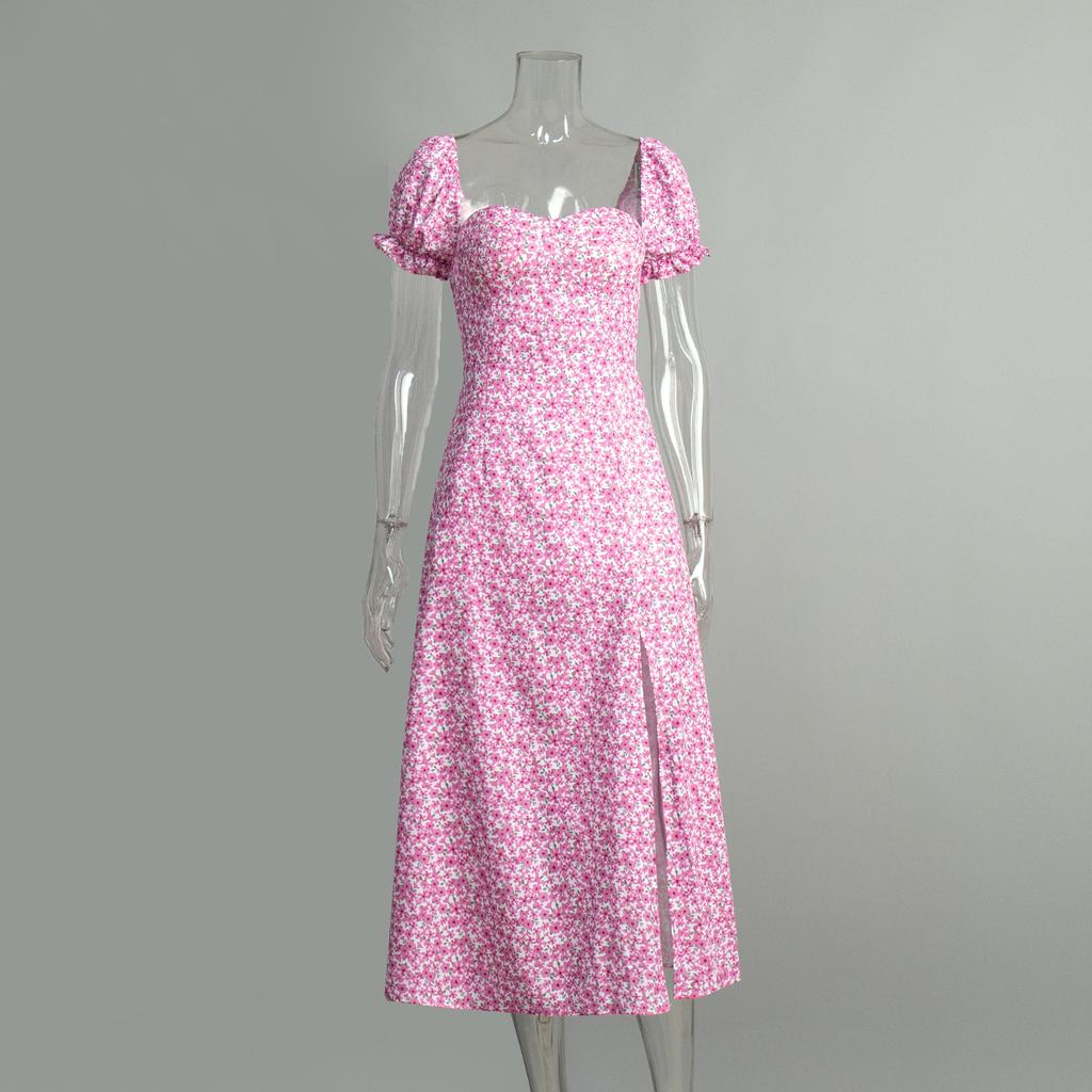 One-word shoulder floral long dress, European and American summer new sexy split-ended slim temperament long dress