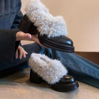 Waterproof Table High Heels Retro Fluffy Shoes Women's Thick-soled One-pedal Velvet Warm Cotton Boots Small Leather Shoes