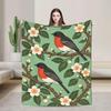 Vintage Songbird Floral Branch Flannel Throw, Cottagecore Nature Art Blanket