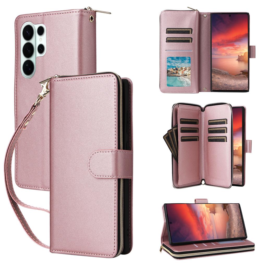 For Samsung Galaxy S26 Ultra Case 9 Card Slots Zipper Pocket PU Leather Phone Cover with Wrist Strap