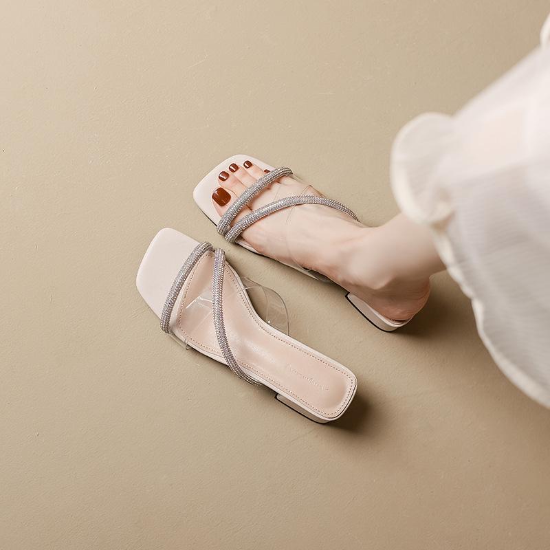 Fashion Bling Bling Narrow Band Transparent Sandals Women Slides Summer Shoes Med-high Heels Sandalias Mujer Crystal Pantuflas Mujer
