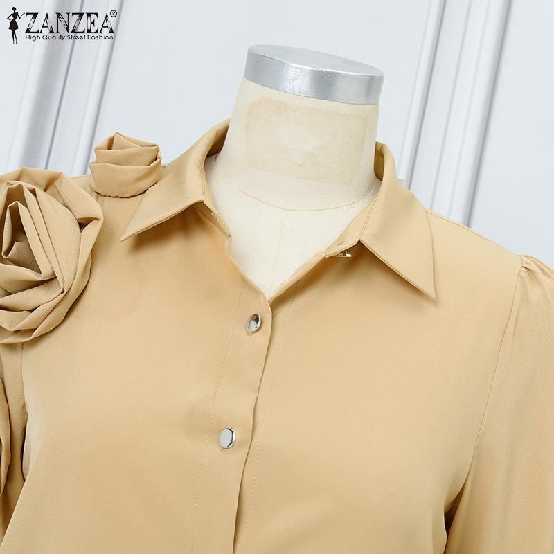 ZANZEA Women Turn Down Collar Casual 3D Flowers Splice Long Sleeve Blouse