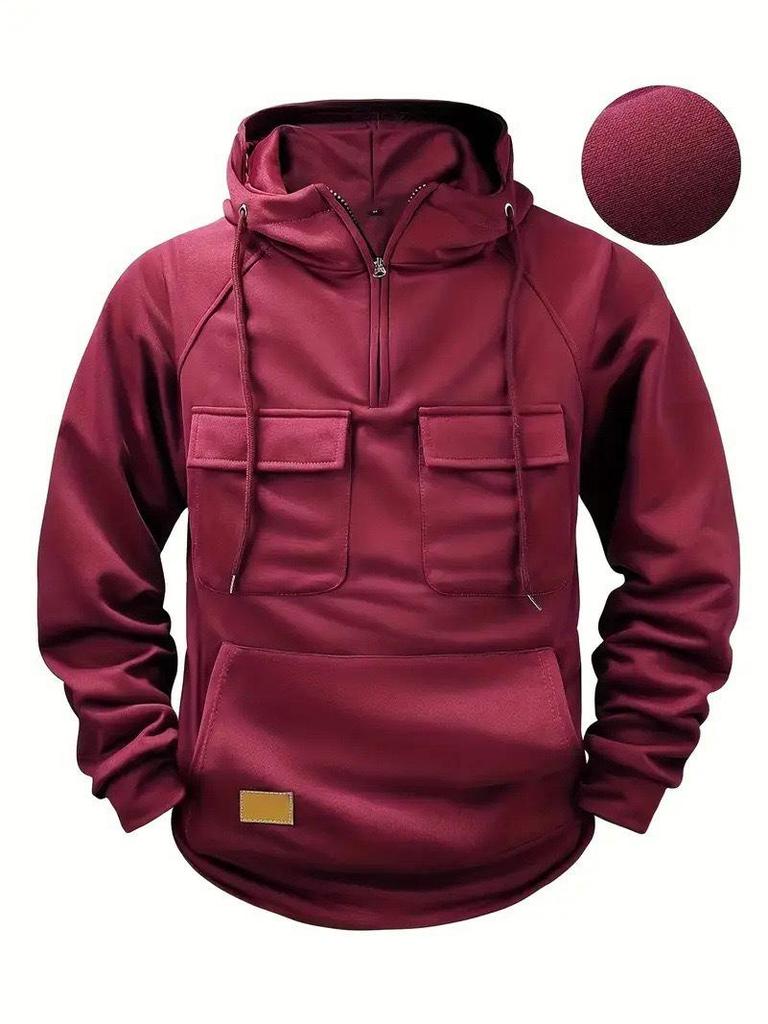 Men's American Retro Fleece Hooded Sweatshirt - Autumn/Winter Multi-Pocket Pullover Jacket