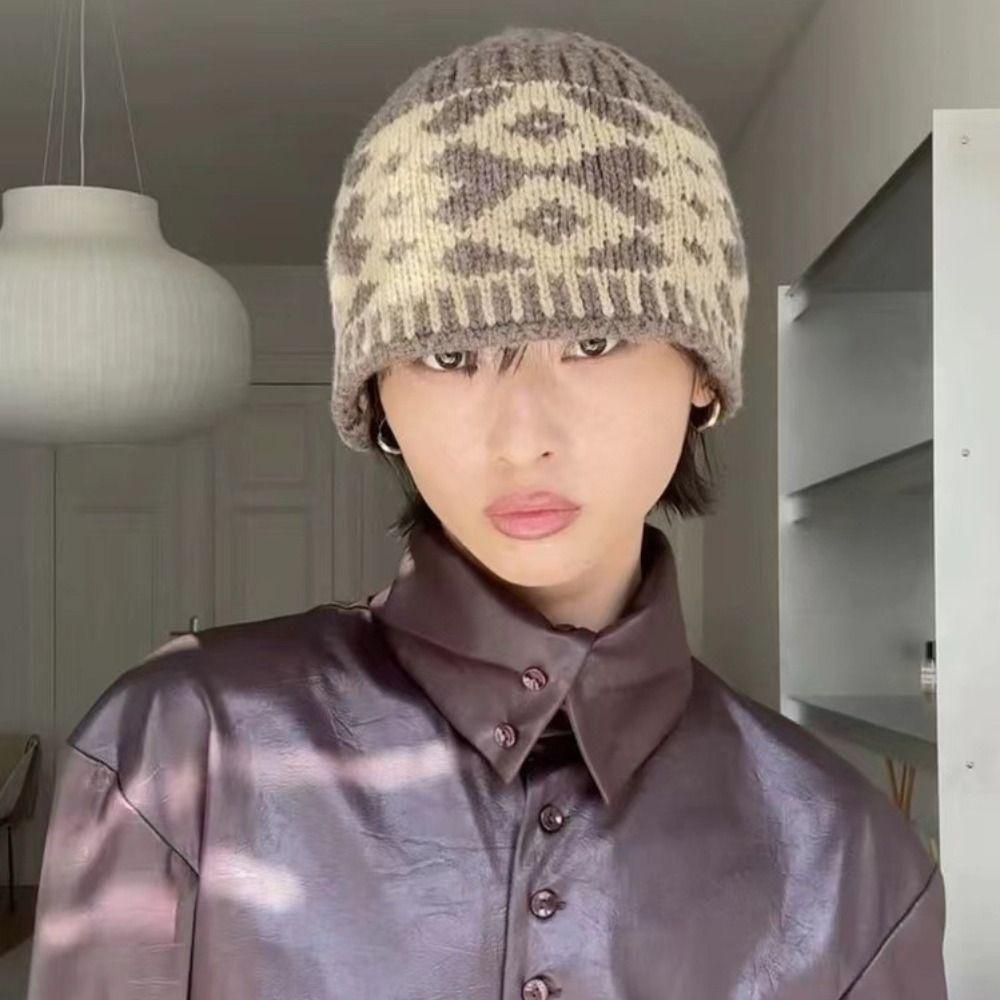 Grid Jacquard Knitted Hat Warm Printing Knit Cap Casual Beanies Apparel Accessories