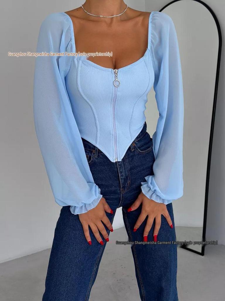 European-American V-Neck Lantern Sleeve Chiffon Blouse, 2025 Women's Fashion