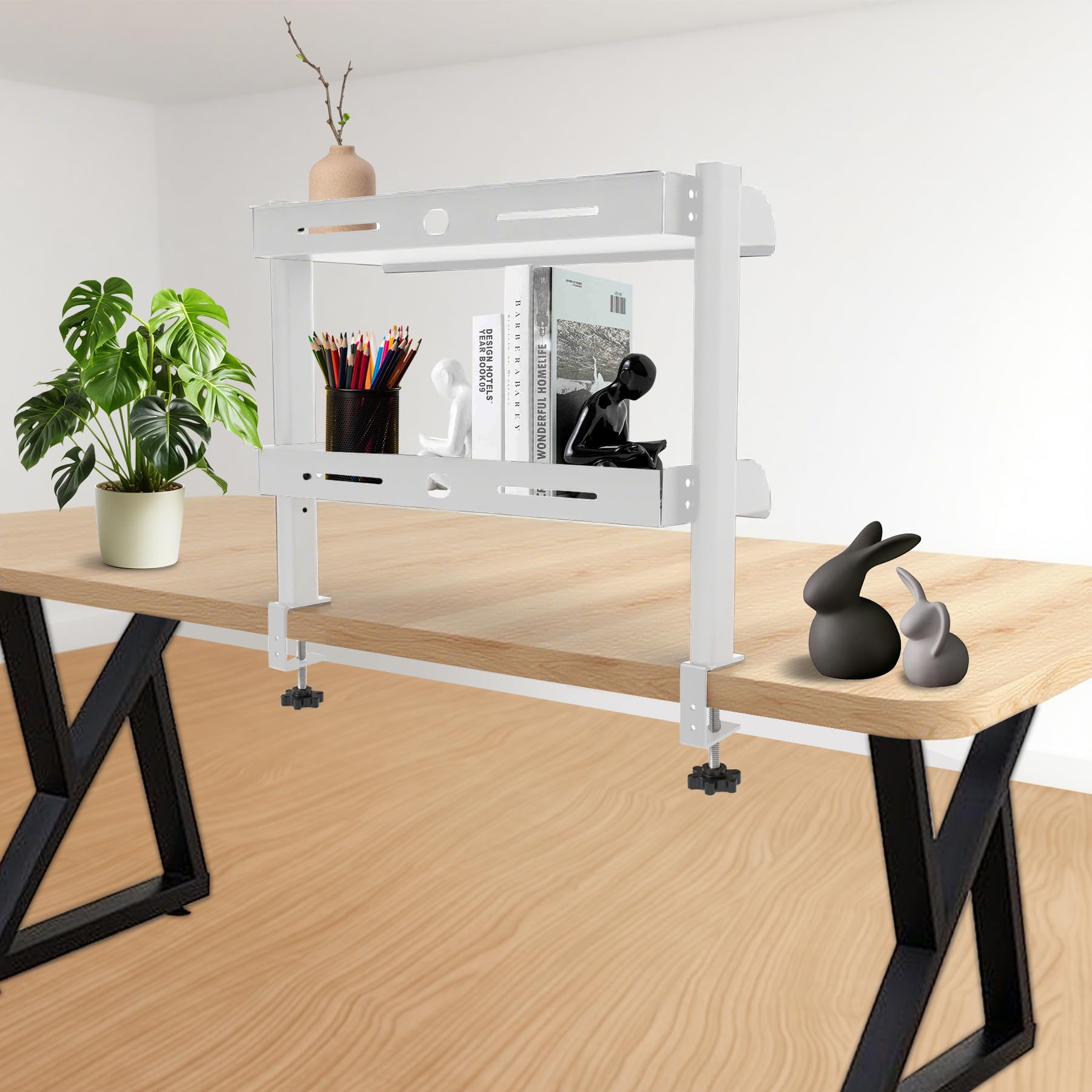 

XJIM Стеллаж для хранения на столе, Книжная полка, Настольная полка, Не требует сверления, Легкая сборка, Крепление струбцинами, Кабель-менеджмент, Включен кабель-канал