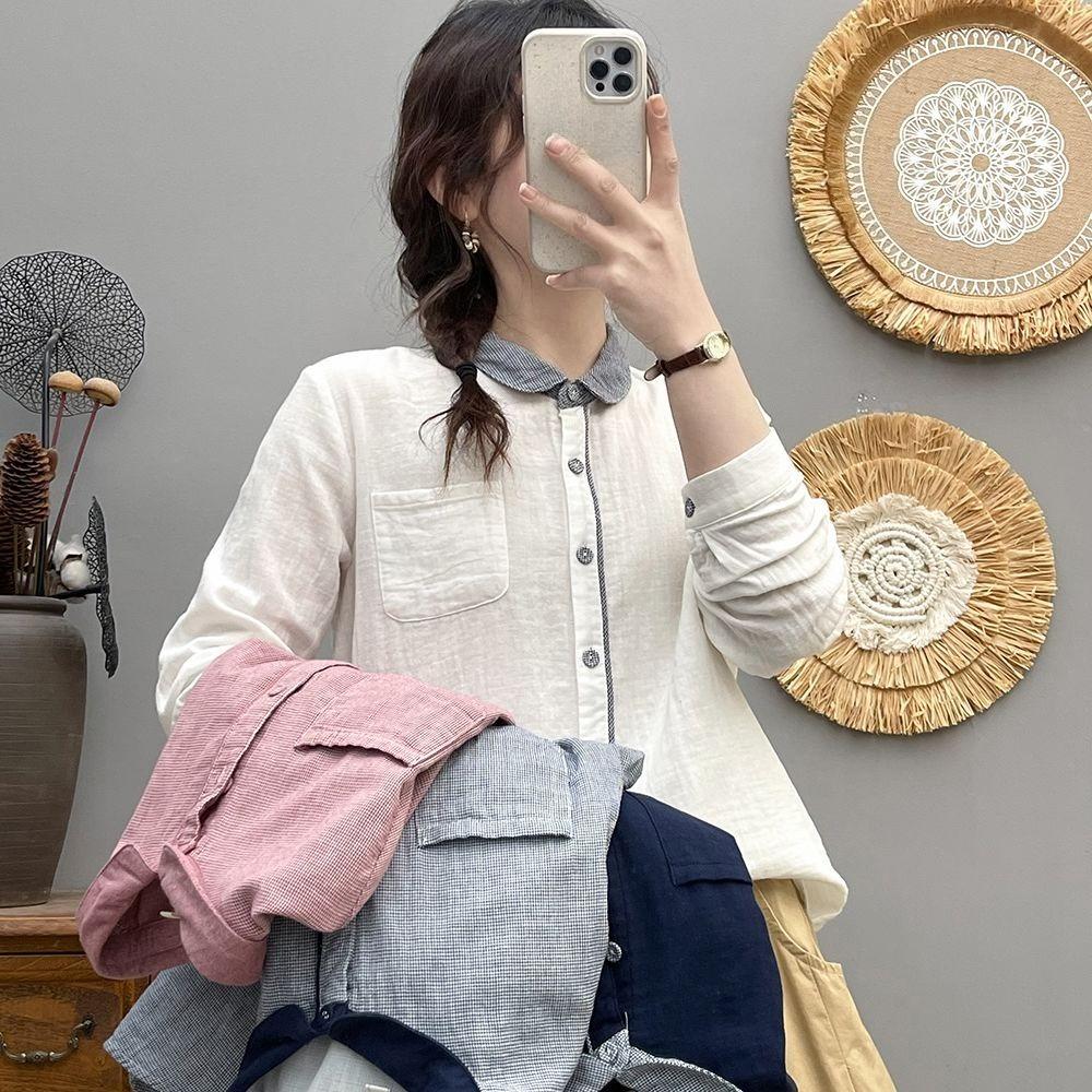 Youthful Korean Style Cotton Shirt Loose Fit Long Sleeve Vintage Peter Pan Collar Blouse for Women Spring Autumn Office Wear