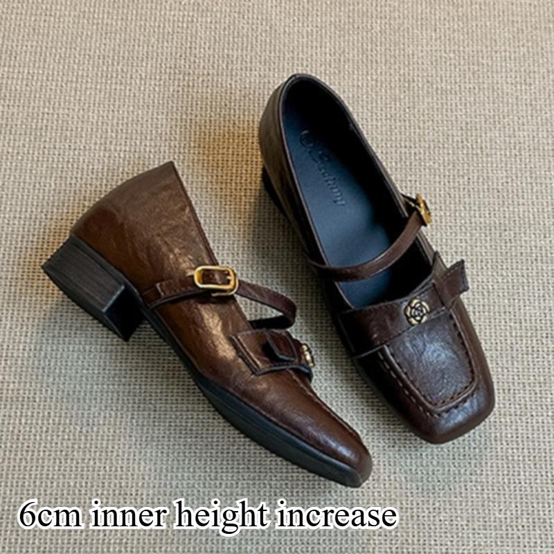 Vintage French Single Shoes for Women, Thick Heels, Single Strap Mary Jane Shoes, Commuter Camellia Leather Shoes.