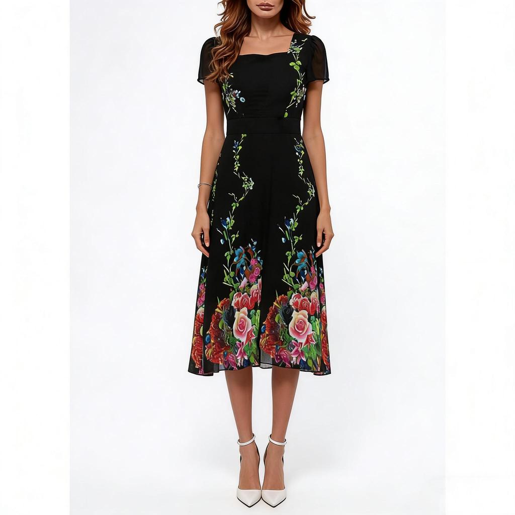 Summer Women Elegant Floral Print U Neck Short Sleeve Evening Pary Long Dress