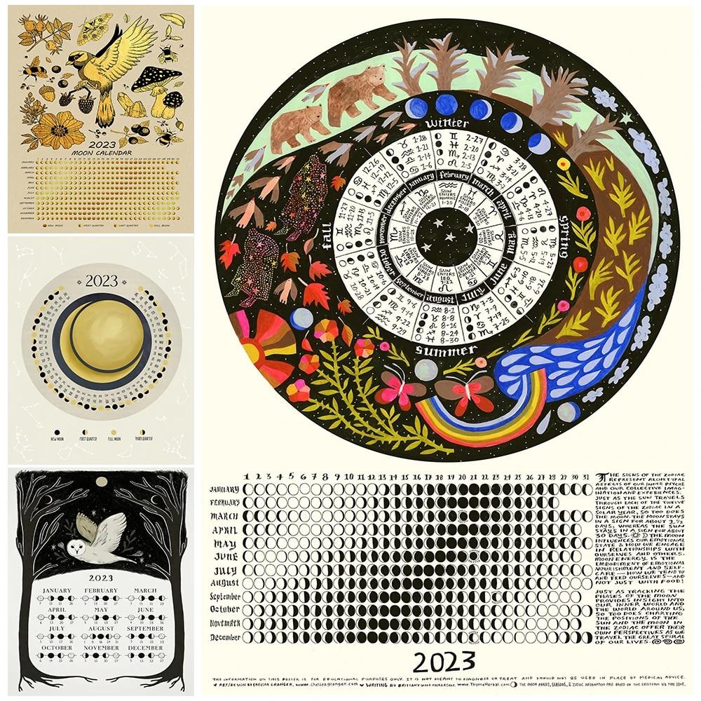 

Диаграмма фаз луны, ведьмовские художественные принты, лунный календарь на 2023 год и колесо года, абстрактный колдовской принт, плакат, художественный декор, без рамки