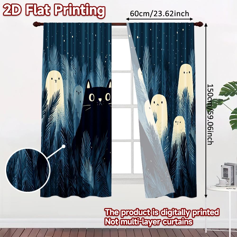 Flat Printing Curtains Without Rod Halloween Night Cat Ghosts Women Is Day Festival Creative Set Of 2 Made Polyester