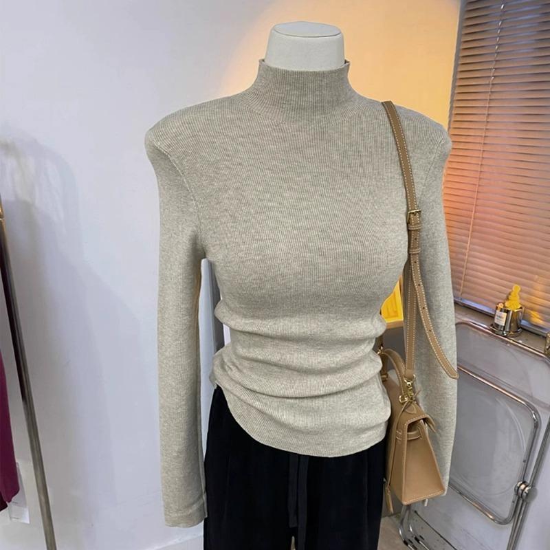 

Spring, Autumn and Winter Semi-turtleneck Slim-fit Elastic Inner Top Women s Basic Solid Color Long Sleeve Shirt Knitted Bottom Shirt L