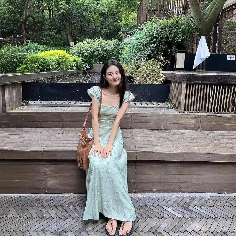 French Pure Lust Vacation Style Floral Backless Waistless Tie Fly Sleeve Long Dress Dress Long Dress Traditional Dress