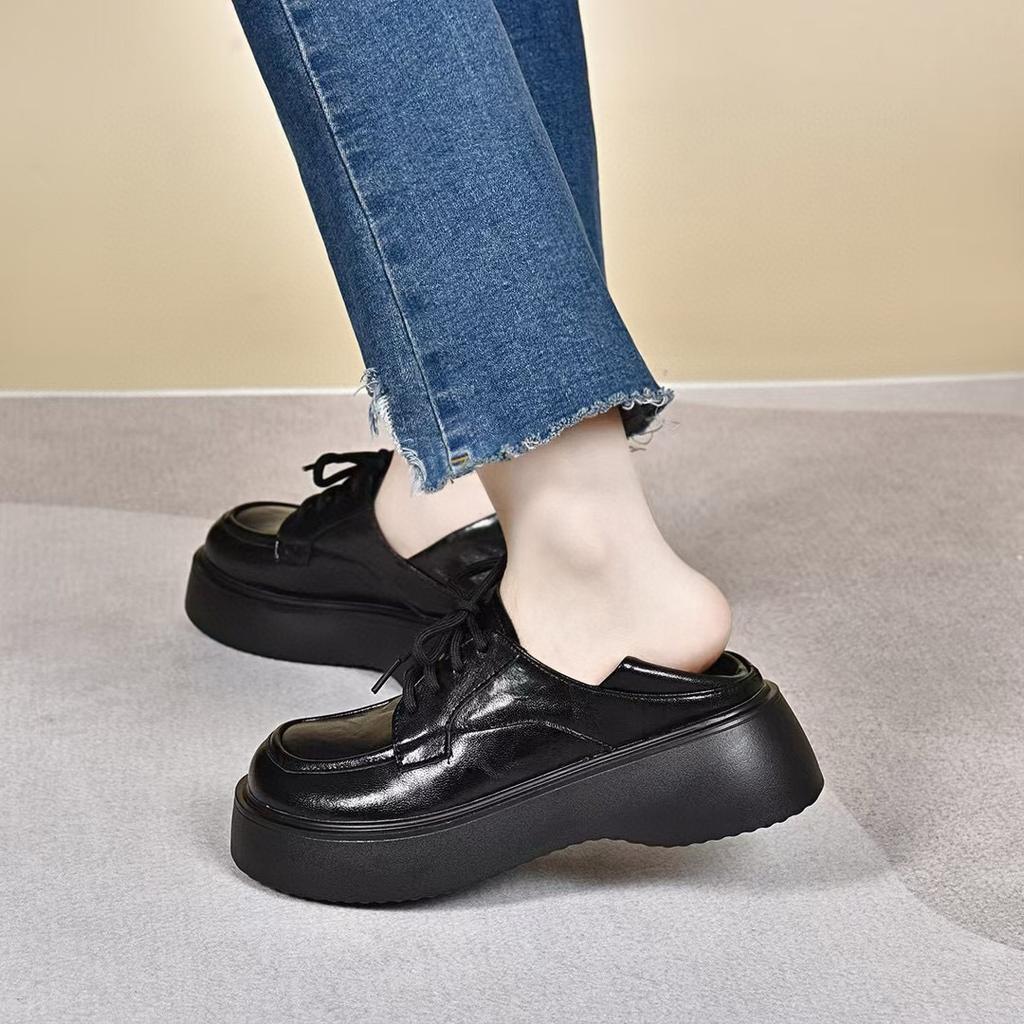 Plateauschuhe Damen 2024 Herbst und Winter neu Koreanische Version Schnürschuhe College-Stil Einzelne Schuhe Zwei Tragemöglichkeiten Slipper Damen Kleinleder