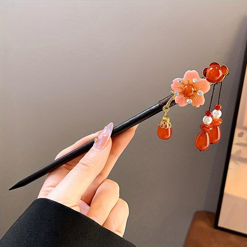 1pc of Wooden Red Rose Flower Tassel Faux Pearl Hairpin, Vintage New Year, Bridal Gift Hair Accessory, Christmas Present