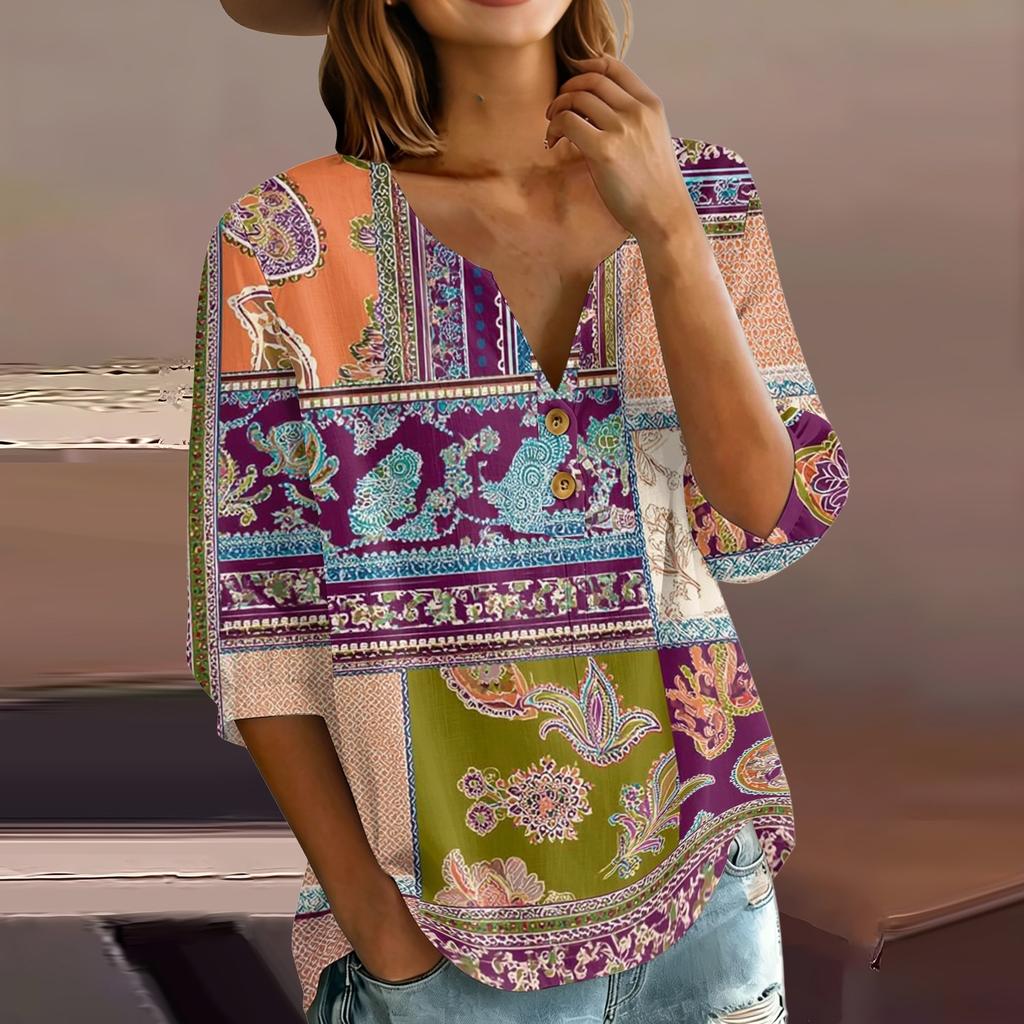 Women’s Casual Floral Print Henley Neck Button Down Cotton Linen Shirt with Three Quarter Sleeves Relaxed Fit Blouse Top