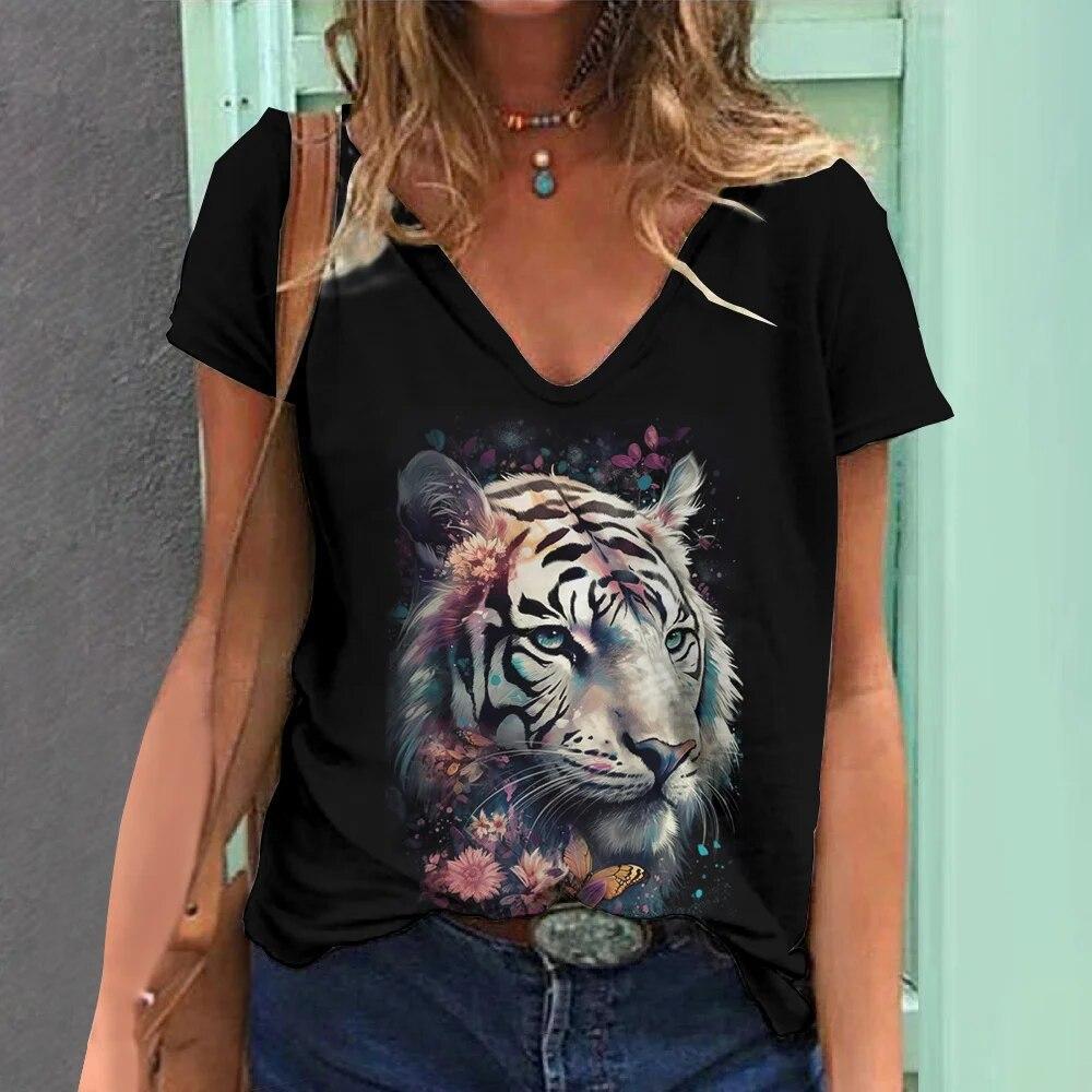 Summer V-neck 3D Animal Pattern Printed Top Fashionable Casual Short Sleeved Women's T-shirts